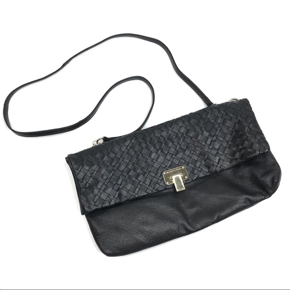 Elliott Lucca Black Genuine Leather Woven Rectangle Shoulder Bag Purse Foldover